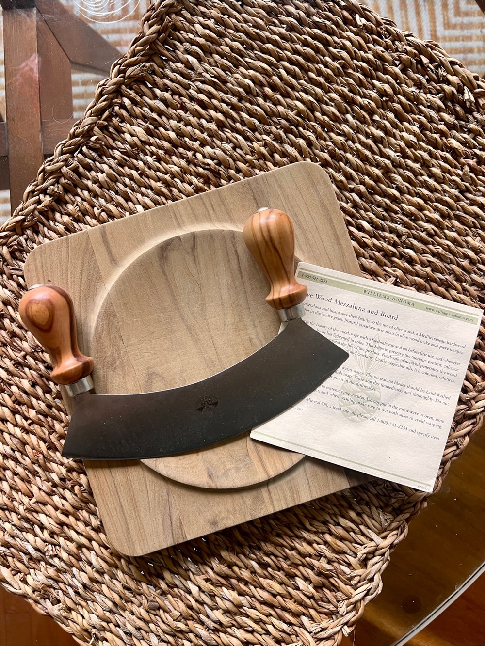 Williams Sonoma Kitchen Wood Handle Mezzaluna Herb Chopper with Wooden Board